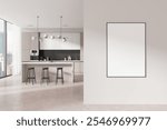 Minimalist kitchen interior with a blank white poster on the wall, featuring stools, pendant lights, and a city view. 3D Rendering