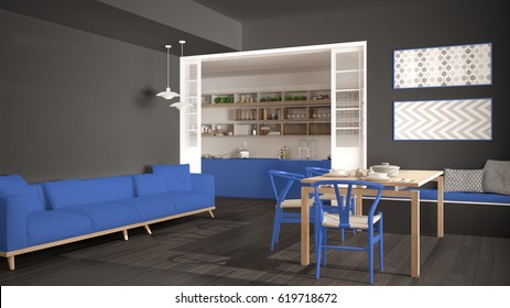 Minimalist Kitchen And Living Room With Sofa, Table And Chairs, Gray And Blue Navy Modern Interior Design, 3d Illustration