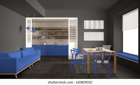 Minimalist Kitchen And Living Room With Sofa, Table And Chairs, Gray And Blue Navy Modern Interior Design, 3d Illustration