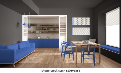 Minimalist Kitchen And Living Room With Sofa, Table And Chairs, Gray And Blue Navy Modern Interior Design, 3d Illustration