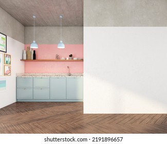 Minimalist Kitchen Room With Blue Pastel Cabinets And Pink Pastel Wall, Empty White Wall And Wood Floor.3d Rendering