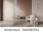 Minimalist light  modern living room interior background, living room mock up in scandinavian style, empty wooden wall panel mockup, 3d rendering