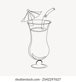 Minimalist line art of a cocktail glass with a straw and umbrella. Simple cocktail design, line art style, elegant glass illustration, minimalist cocktail drawing. - Powered by Shutterstock