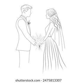 A minimalist line art illustration depicting a wedding couple holding hands, symbolizing love and commitment. Perfect for wedding invitations, greeting cards, wall art, and modern decor - Powered by Shutterstock