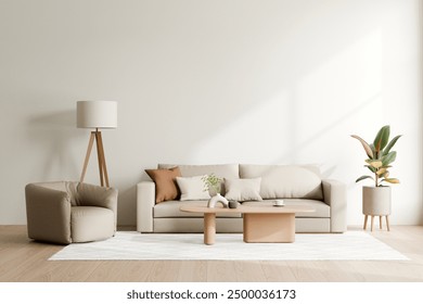 Minimalist living room featuring beige furniture, a small coffee table, a green plant in a pot, a floor lamp, and a cozy armchair. 3d render. - Powered by Shutterstock