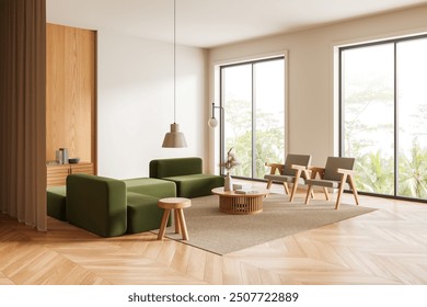 Minimalist living room featuring green sofas, wooden chairs, coffee table, large windows with a scenic outdoor view, and a wooden floor. 3D Rendering
