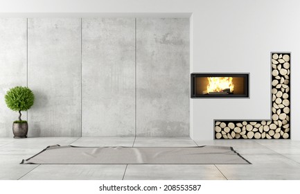 Minimalist living room with fireplace without furniture