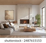 Minimalist living room interior with modern fireplace. Interior mockup, 3d render	