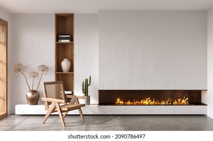 Interior minimalista con chimenea moderna y paredes blancas. Burla interior, rencor 3d 
