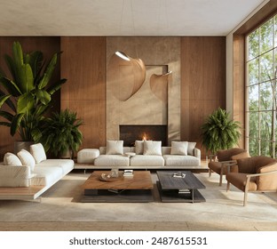 Minimalist living room interior with modern fireplace and wood wall panels. Interior mockup, 3d render	