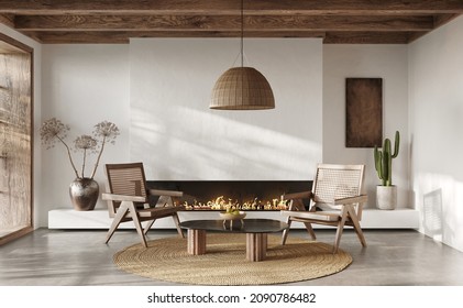 Minimalist Living Room Interior With White Walls And Modern Fireplace. Interior Mockup, 3d Render 