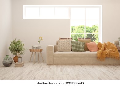 Minimalist living room in white color with sofa and summer landscape in window. Scandinavian interior design. 3D illustration - Shutterstock ID 2098488640
