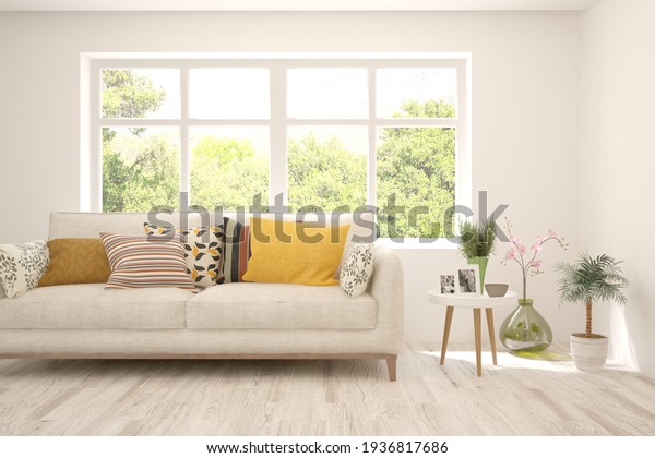 Minimalist living room in white color with\
sofa and summer landscape in window. Scandinavian interior design.\
3D\
illustration