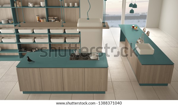 Minimalist Luxury Expensive Blue Wooden Kitchen Stock Illustration 1388371040