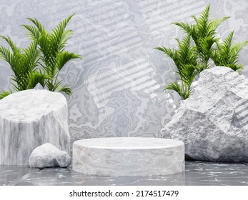 Minimalist Marble Circle Podium For Product Presentation With Large Stone Background And Wall In The Morning, 3d Render