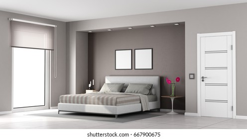 Minimalist Master Bedroom With Double Bed,closed Door And Window - 3d Rendering