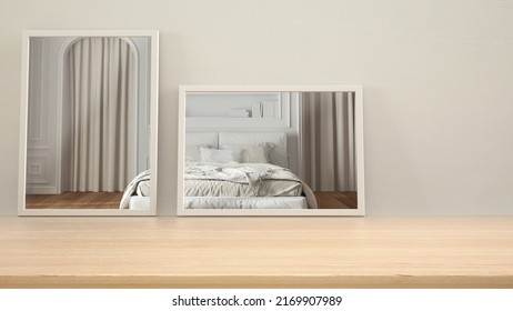 Minimalist Mirrors On Wooden Table, Desk Or Shelf Reflecting Interior Design Scene. Classic Bedroom With Double Bed And Curtains. White Plaster Wall Background With Copy Space, 3d Illustration