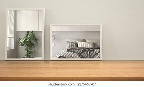 Minimalist Mirrors On Wooden Table, Desk Or Shelf Reflecting Interior Design Scene. White Bedroom With Double Bed And Potted Plant. Modern Background With Copy Space, 3d Illustration