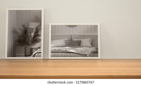 Minimalist Mirrors On Wooden Table, Desk Or Shelf Reflecting Interior Design Scene. Classic Bedroom With Bed And Hardwood. Striped Wallpaper Wall Background With Copy Space, 3d Illustration