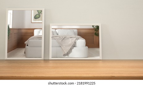 Minimalist Mirrors On Wooden Table, Desk Or Shelf Reflecting Interior Design Scene. Modern Bedroom With White Double Bed, Wooden Wall Panel. Contemporary Background With Copy Space, 3d Illustration