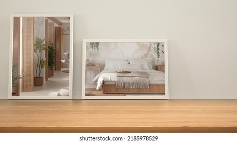 Minimalist Mirrors On Wooden Table, Desk Or Shelf Reflecting Interior Design Scene. Bohemian Wooden Bedroom In Boho Style. Bed And Potted Plants. Modern Background With Copy Space, 3d Illustration