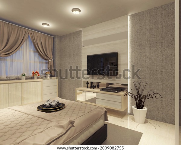 minimalist and modern interior master\
bedroom using television cabinet and back wall paneling with\
lighting decoration. 3d rendering, 3d illustration.\

