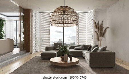 Minimalist Modern Interior  Scandinavian Design. Beige Studio Living Room. Light Design Large Modular Sofa, Carpet, Armchair, Wooden Lamp, Green Plants, Dry Grass, Decor. 3d Render. 3d Illustration.