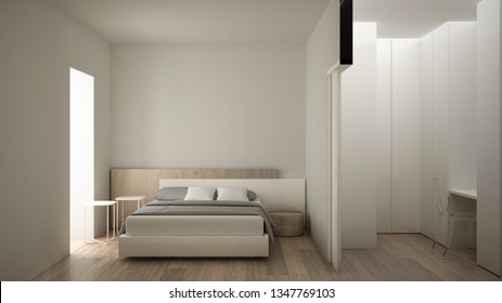 Minimalist Modern White And Wooden Bedroom With Walk-in Closet, Parquet Floor, Double Bed, Bedside Tables And Desk, Contemporary Interior Design, Cross Section, 3d Illustration