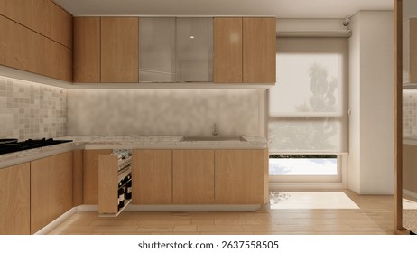 Minimalist Modular Kitchen with Natural Wood Cabinets and Soft Lighting