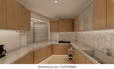 Minimalist modular kitchen with natural wooden cabinets and soft lighting
