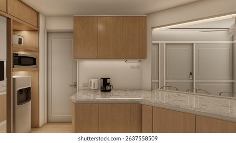 Minimalist modular kitchen with natural wooden cabinets and soft lighting