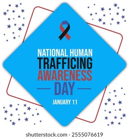 Minimalist national human trafficking awareness day design featuring a blue diamond shape, ribbon symbol, and bold text for January 11 awareness - Powered by Shutterstock