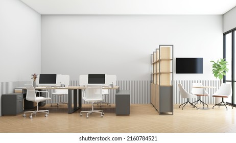 Minimalist Office Room With Filing Cabinet And Small Meeting Table. 3d Rendering