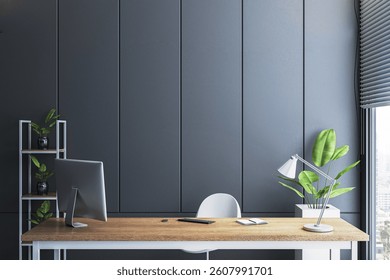 Minimalist office room interior with wooden desk, gray wall panels, plants, and daylight from window. 3D Rendering of modern workspace design