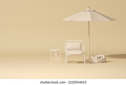 Minimalist Outdoor Furniture With Chair And Umbrella In Pastel Beige And White Color. Creative Composition. 3D Render For Social Media, Shopping Store, Studio. Minimalist Lifestyle, Outdoor Camping 
