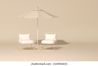 Minimalist Outdoor Furniture With Chair And Umbrella In Pastel Beige And White Color. Creative Composition. 3D Render For Social Media, Shopping Store, Studio. Minimalist Lifestyle, Outdoor Camping 
