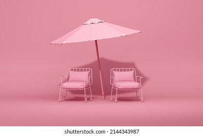 Minimalist Outdoor Furniture With Chair And Umbrella In Pastel Pink And Hot Pink Color. Creative Composition. 3D Render For Social Media, Shopping Store, Studio. Minimalist Lifestyle, Outdoor Camping
