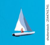 Minimalist painting of a person sailing a small boat on a bright blue sea. The sailboat is central, with a vivid blue background and a white sail. sailing painting on background.