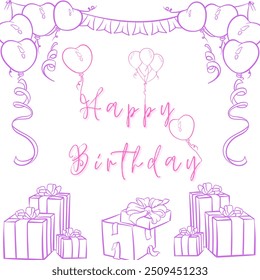 Minimalist pink and purple outline design for a birthday celebration, featuring balloons, presents, and the text "Happy Birthday" in the center. - Powered by Shutterstock