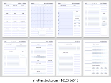 Minimalist planner pages templates. Organizer page, diary and daily control book. Life planners, weekly and days organizers or office schedule list. Graphic organization paper  set