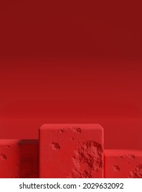 Minimalist Red Rock Podium For Product Showcase Background. Geometric Shapes. Stone Texture. Empty Black Background Mock Up Stage. 3d Render Illustration