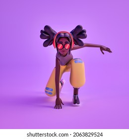 Minimalist Render Of 3D Character With Headphones In Heroic Pose. 3D Illustration Of Dark Skinned Girl In Crouching Combat Pose With One Hand On The Floor In Purple Background.