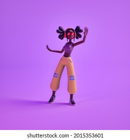 Minimalist render of black hair 3d character with headphones and glasses in interesting pose. 3d illustration of dark skinned girl in purple background.