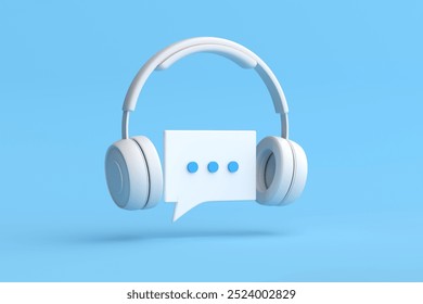 Minimalist rendering of a headset showing a chat bubble. Online conversation, listening to podcast, communication, telemarketing and customer support.