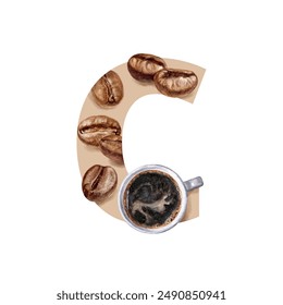 A minimalist representation of the letter C using watercolor coffee beans and a cup in a creative design - Powered by Shutterstock