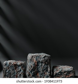 Minimalist Rock Podium For Product Showcase Background. Geometric Shapes. Stone Texture. Empty Black Background Mock Up Stage. 3d Render Illustration