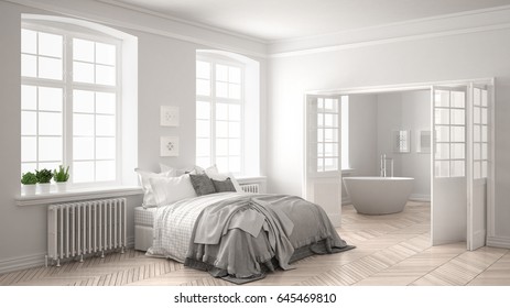 Minimalist scandinavian white bedroom with bathroom in the background, classic white interior design, 3d illustration