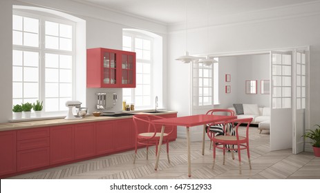 Minimalist Scandinavian White Kitchen With Living Room In The Background, Classic White And Red Interior Design, 3d Illustration