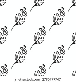 Minimalist seamless pattern of hand-drawn botanical berry branches. Elegant repetitive line art design with simple black ink wild berries and leaves background on white, perfect for modern kitchen textiles, organic product packaging, and wallpaper.