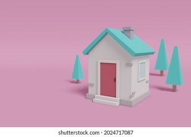 Minimalist Simple Small Cute House Isolated On A Pastel Background. Real Estate Abstract Concept. Cartoon Style 3D Render